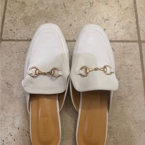 White Leather Slip-On Loafer Mules with Gold Horsebit